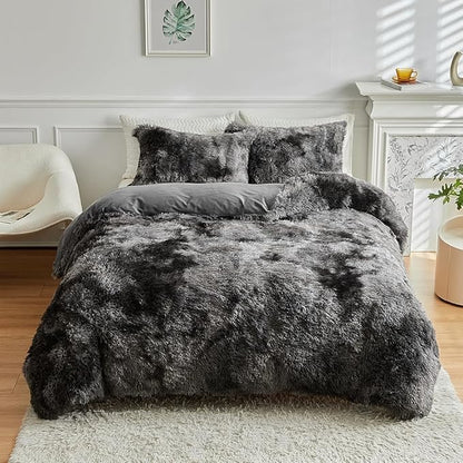 Wajade Faux Fur Plush Tie Dye Dark Grey White Comforter Set Fluffy Fuzzy Shaggy Bedding Set - 3PC King Size Microfiber Soft Warm Quilt Set