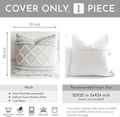 BlissBlush Gray White Decorative Throw Pillow Cover 22X22, Boho Accent Pillow for Couch, Square Modern Farmhouse Pillowcase for Living Room Couch Sofa Cushion Home Décor (Pack of 1)