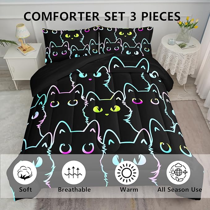 Axolotl Kids Bedding Cartoon Cat Comforter Set Twin Size,Gradient Line Cute Cat Bedding Set for Teens Boys Girls Adults Room Decor,Kids Comforter Set All Season,1 Comforter 2 Pillow Cases,Black