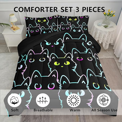 Axolotl Kids Bedding Cartoon Cat Comforter Set Twin Size,Gradient Line Cute Cat Bedding Set for Teens Boys Girls Adults Room Decor,Kids Comforter Set All Season,1 Comforter 2 Pillow Cases,Black