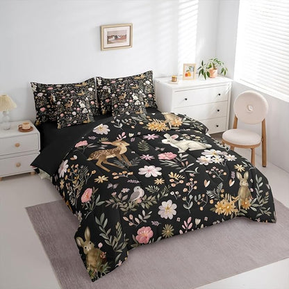 Feelyou Cute Deer and Rabbit 7 Piece Bedding Set Floral Flower Comforter Set with Sheets for Kids Boys Girls Nature Plants Bed in a Bag Black Colorful Bed Set Soft Lightweight