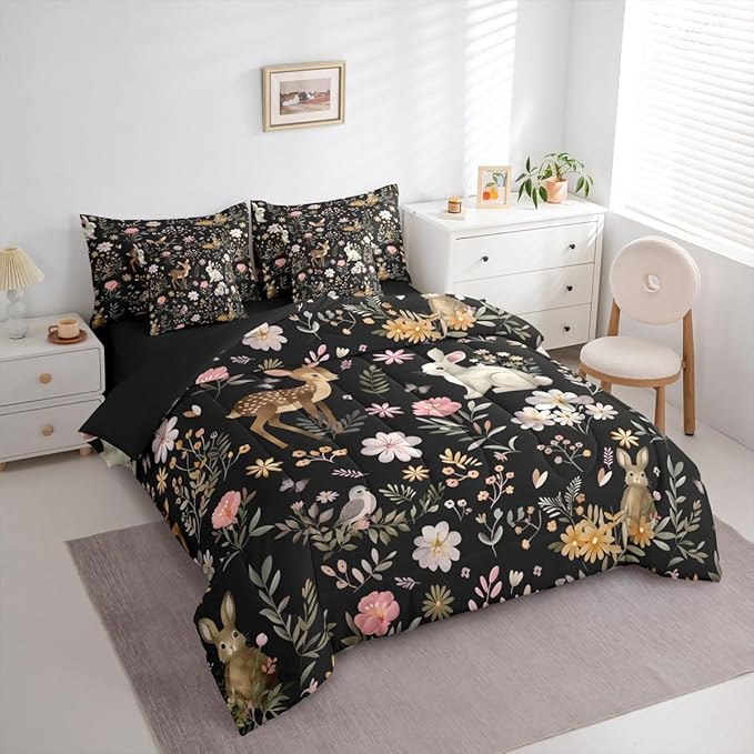 Feelyou Cute Deer and Rabbit 7 Piece Bedding Set Floral Flower Comforter Set with Sheets for Kids Boys Girls Nature Plants Bed in a Bag Black Colorful Bed Set Soft Lightweight