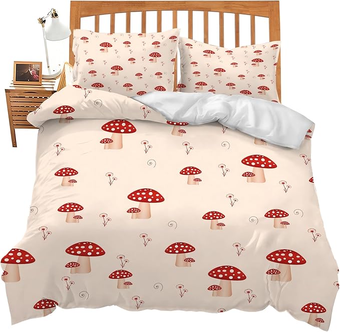 Mushroom Bedding Set Cartoon Mushroom Theme Comforter Set for Kids Teens Adults Women Men Red Mushroom Duvet Cover Bedroom Decor Soft King Size Quilt Cover with 2 Pillowcases