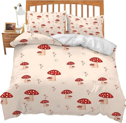 Mushroom Bedding Set Cartoon Mushroom Theme Comforter Set for Kids Teens Adults Women Men Red Mushroom Duvet Cover Bedroom Decor Soft King Size Quilt Cover with 2 Pillowcases