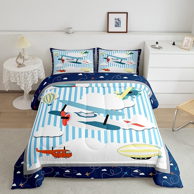 Airplane Kids Bedding Cartoon Aircraft Design Comforter Set Toddler Size Boys Girls Colorful Planes Hot Air Balloon Bed Set Blue and White Sketch Lines Kawaii Clouds Quilt with 1 Pillowcase
