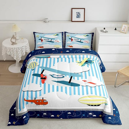 Airplane Kids Bedding Cartoon Aircraft Design Comforter Set Toddler Size Boys Girls Colorful Planes Hot Air Balloon Bed Set Blue and White Sketch Lines Kawaii Clouds Quilt with 1 Pillowcase
