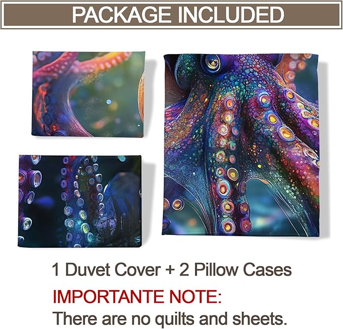 3D Octopus Duvet Cover California King, Ocean Colorful Octopus Bedding Set 3 Piece Bedroom Decor Marine Animal Patterned Comforter Cover with Zipper Ties & 2 Pillowcases