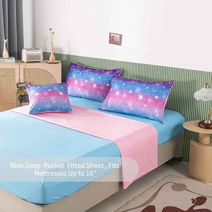 RYNGHIPY 6Pcs Teal Pink Sparkle Mermaid Comforter Sets Twin Size, 3D Rainbow Glitter Girls Bedding Sets, Ombre Pastel Fish Scale Bedding Collection Sets
