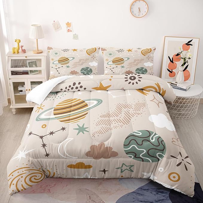 Space Bedding Comforter Set Full Size for Kids Teens and Adults Planet and Clouds Printed Quilt Set for Bedroom 100% Soft Microfiber All Season Print Quilt Set with 1 Comforter and 2 PillowCases