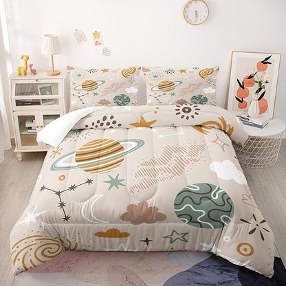 Space Bedding Comforter Set Full Size for Kids Teens and Adults Planet and Clouds Printed Quilt Set for Bedroom 100% Soft Microfiber All Season Print Quilt Set with 1 Comforter and 2 PillowCases