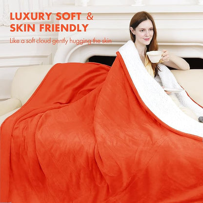 Heated Blanket Electric Throw 50" x 60" - Soft Flannel Sherpa Heated Blanket with 5 Heating Levels & 4 Hours Auto Off, Heating Blanket Throw as a Gift for Grandma, Machine Washable (Orange)