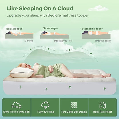 BEDLORE RV Queen Mattress Topper Viscose Derived from Bamboo,Pillow Top Mattress Pad with Stretchable Pockets for 6-18 inches Mattress, Soft Breathable Mattress Topper for Back Pain Relief