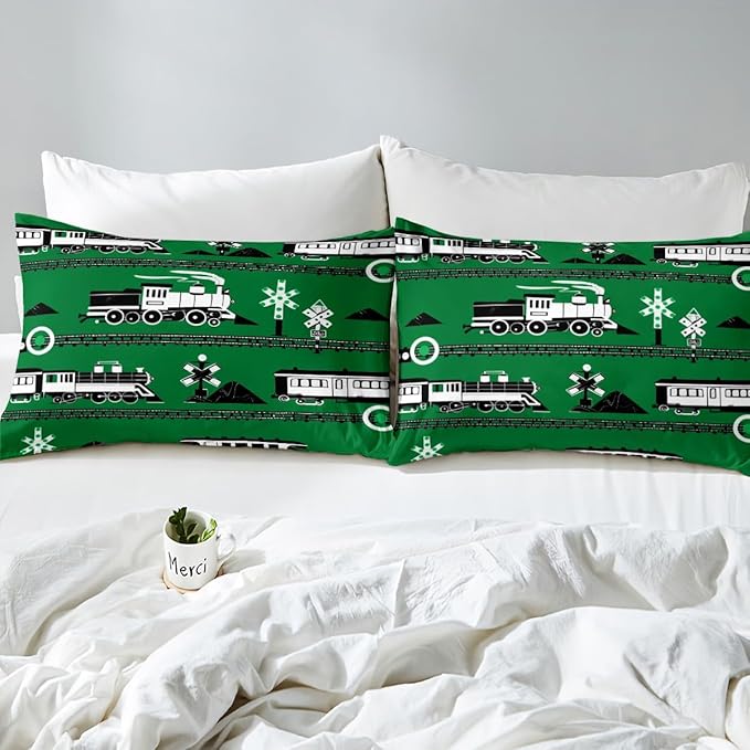 Erosebridal Boys Train Full Comforter Set Cartoon Car Toddler Bedding, Traffic Transportation Track Bedding Comforter Sets Vintage Steam Engine Railway Decor Quilt Set Room 3Pcs, Green White Black