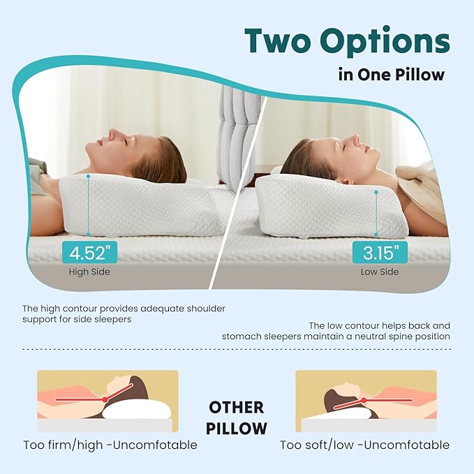 Smug Cervical Neck Pillow, Cooling Ergonomic Memory Foam Pillows for Neck Pain Relief with Breathable Pillowcase, Dual Height Orthopedic Support Contour Pillow for Side, Stomach Sleepers, White