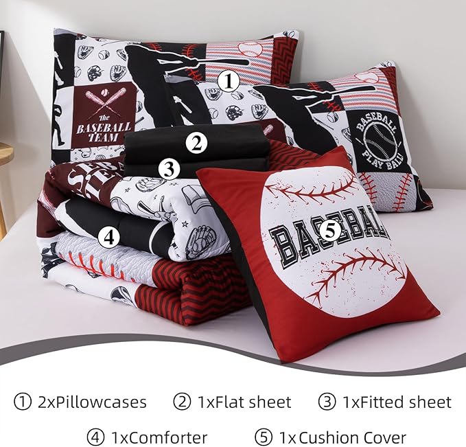 A Nice Night Sports Geometric Grid Black Patchwork Baseball Printed for Boys Fulla 6Pcs Bed in A Bag Comforter Bedding Set, Red