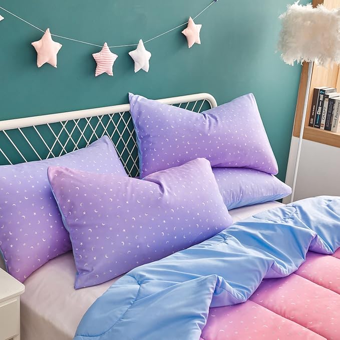 Yogeneg Pink Glitter Rainbow Kids Comforter Set Twin Size for Teen Girls&Boys Women, Metallic Printed Comforter with Pillowcase,Ultra Soft Microfiber 2 Piece Bedding Set,All Season (Rainbow A, Twin)