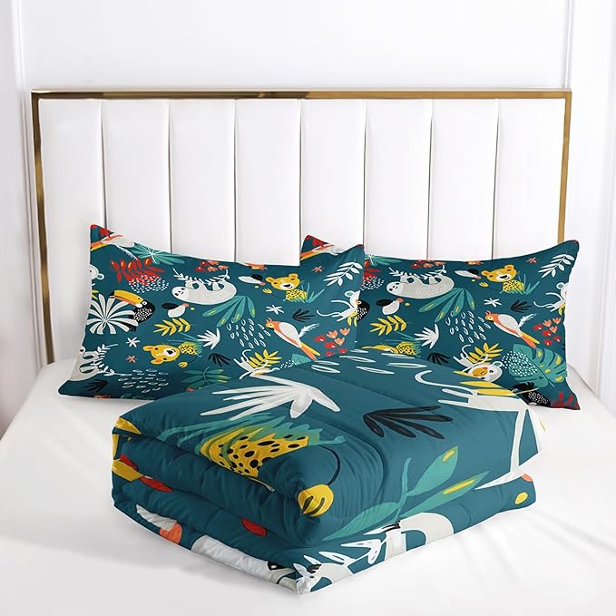 Kids Zoo Animal Queen Bedding Sets, Cartoon Wild Animals Comforter Set Safari Animals Print Comforter for Boys Girls Children Teens Bedroom Decor with 1 Comforter and 2 Pillowcases