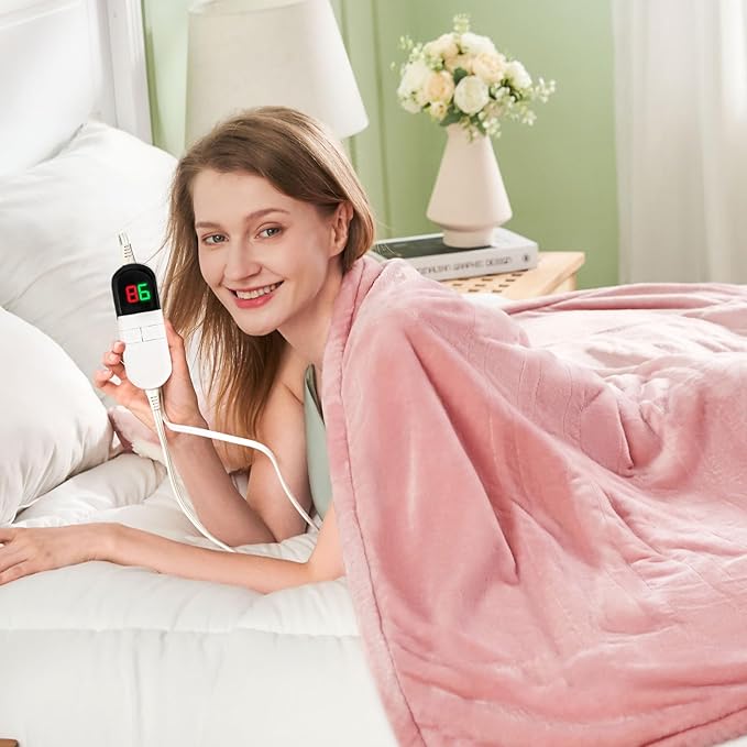Electric Heated Blanket,Flannel & Sherpa Heated Throw Blanket 50"x60",Fast Heating Soft Fleece Blanket with 6 Heating Levels & 4H Auto Off-Pink