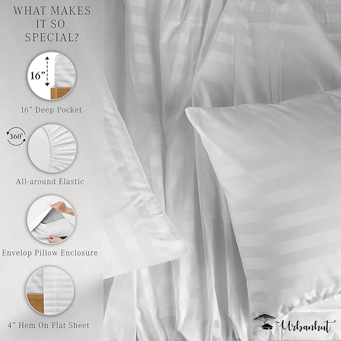 URBANHUT 1000 Thread Count Egyptian Cotton Sheets Damask Striped Queen Size, Long Staple Soft & Breathable, 4 Pc Bed Sheet Sets, Luxury Hotel Sateen Sheets Fits 16" Deep Pocket - White