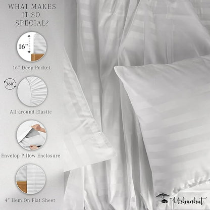 URBANHUT 1000 Thread Count Egyptian Cotton Sheets Damask Striped Queen Size, Long Staple Soft & Breathable, 4 Pc Bed Sheet Sets, Luxury Hotel Sateen Sheets Fits 16" Deep Pocket - White