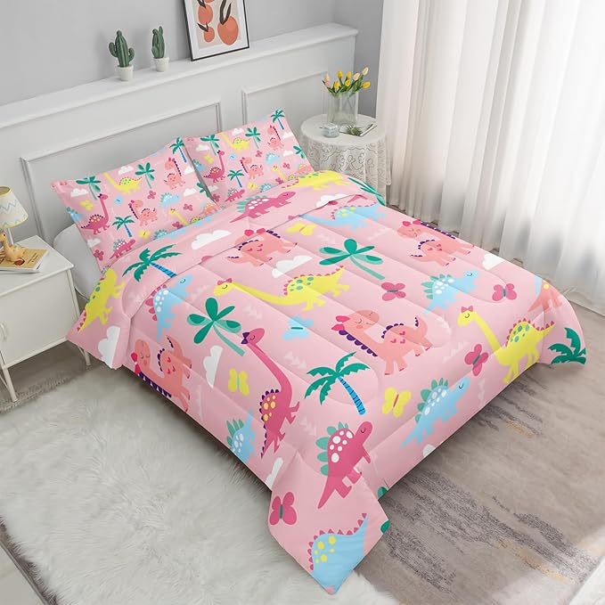 Axolotl Cute Dinosaur Comforter Set Queen,Colorful Dinosaur Girls Bedding Set,Dinosaurs Print Comforter Sets Botanical Palm Trees,Butterfly Bedding Set for Kids Girls Teens,1 Quilt 2 Pillowcases,Pink