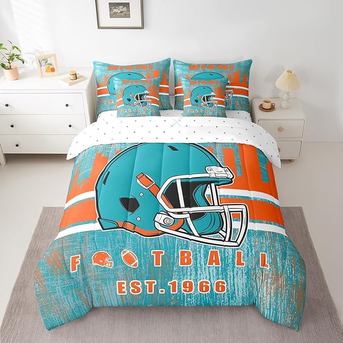 Erosebridal Boys Football Sports Helmet Bedding Set Full Size Bed in A Bag,Kids Football Comforter Sets with Sheets for Men Women Rugby Ball Gamed Bed Set 7 Pieces