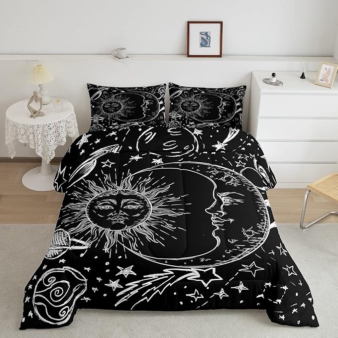 Feelyou Sun and Moon Bedding Set Queen Size Bohemian Style Comforter Set for Kids Boys Girls Galaxy Comforter Cosmic Celestial Quilt Set 1 Comforter Set with 2 Pillowcases
