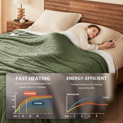 Homemate Electric Heated Blanket Queen Size - 84"x90" Heating Blanket Queen Size Dual Control 1/2/4/6/8 Hours Auto-Off 10 Heat Level Over-Heat Protection Flannel Sherpa ETL Certification