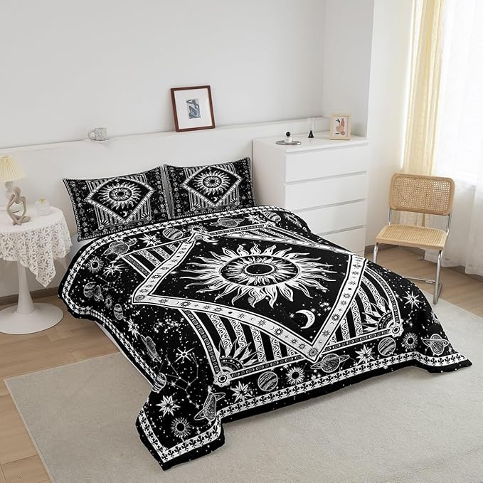 Castle Fairy Hippie Mandala Full Size Comforter Set Black White Sky Bedding Set for Kids Adults Teens Psychedelic Popular Comforter Luxury Sun and Moon Maditation Quilt Set Room Decor 3Pcs