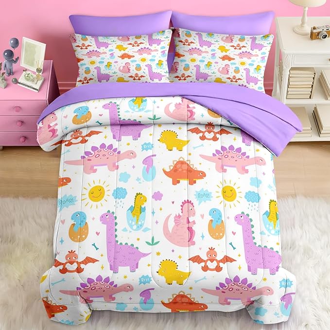 Comforter Set Queen Size, Cute Dinosaur 7 Pcs Purple Bedding for Kids and Adults, Rainbow Happy Bed Sheet Sets with Fitted Sheet 2 Pillowcase & 2 Sham for Bedroom Bed Decor