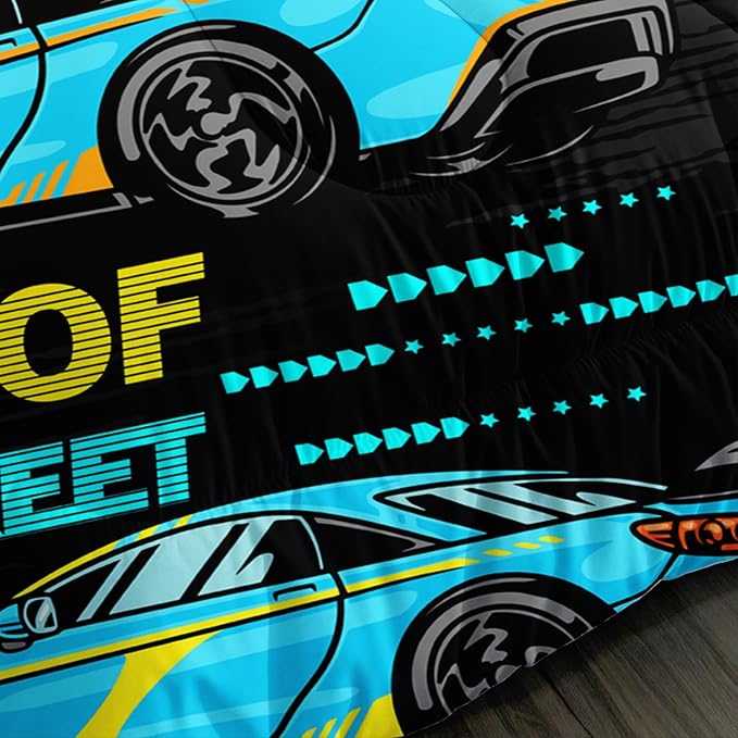 Car Bed for Boys King Comforter Set,Kids Racing Car Comforter Extreme Sports Bedding Set for Teens Boys Race Car Room Decor,Cool Blue Themed Children's Bedding with 2 Pillowcases.