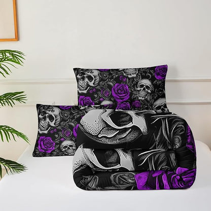 Sugar Skull King Size Comforter Set Floral Bedding Set,Gothic Skull Bedding Set for Boys Girls,Skeleton Bone Rose Blossoms Print Halloween Quilt Set,Horror Comforter Set for Bedroom Decor