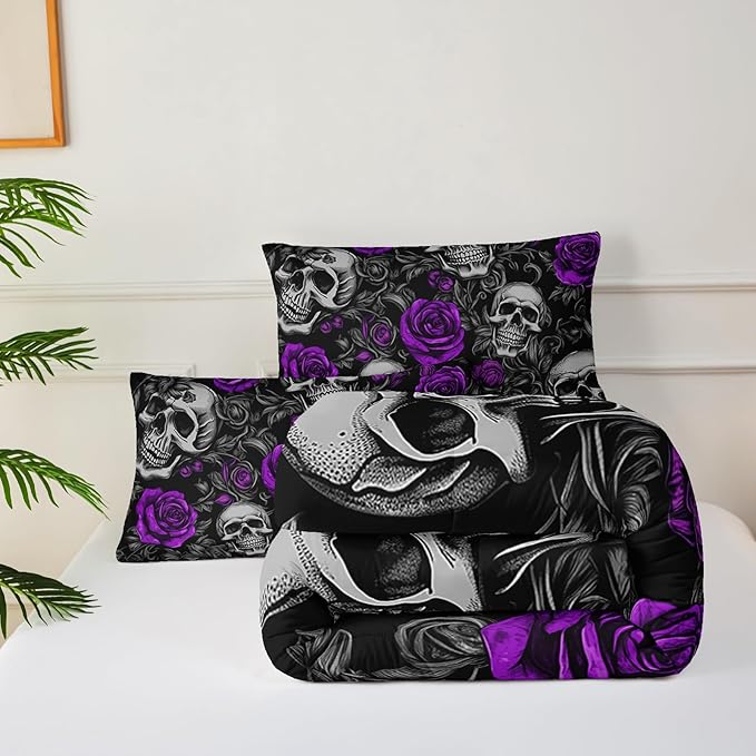 Sugar Skull Full Size Comforter Set Floral Bedding Set,Gothic Skull Bedding Set for Boys Girls,Skeleton Bone Rose Blossoms Print Halloween Quilt Set,Horror Comforter Set for Bedroom Decor