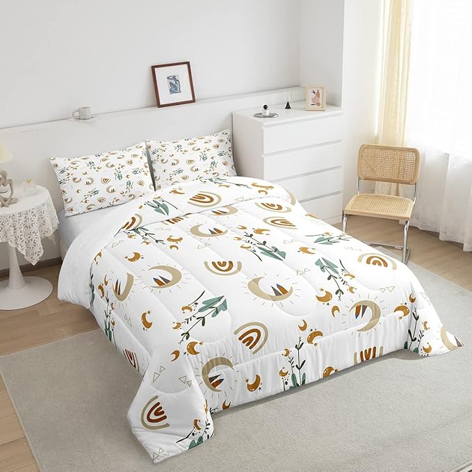 Feelyou Girls Rainbow Cute Comforter Set Wildflower Moon Girly Comforter Soft Quilt Set for Kids Boys Children Cartoon Style Boho Bedding Set Bedroom Collection 2Pcs Twin Size