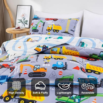 Holawakaka Trucks Tractors Cars Boy Bedding Comforter Set with Sheets, Twin Size Cartoon Construction Car Excavator Print Kids Bed in A Bag 5-Piece, Boys Reversible Dorm Bed Sets (Red Twin)