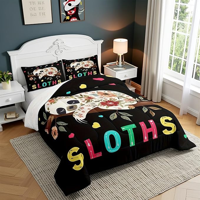 Castle Fairy Cute Sloth Comforter Set,Colorful Love Pattern Bedding Set for Kids Girls Women,Adults Flowers Pattern Comforter,Wild Animals Quilted Duvet Set Bedroom Collection Twin Size 2Pcs