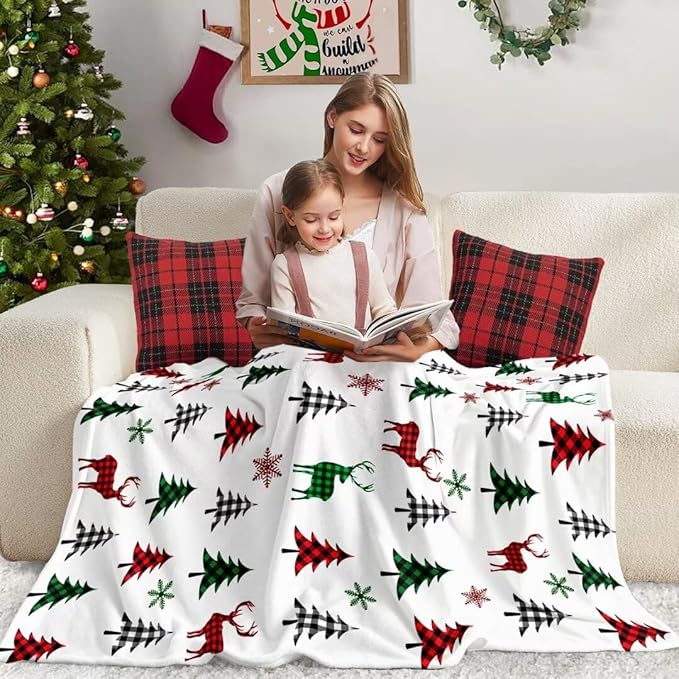 Christmas Tree Deer Flannel Throw Blanket Soft Plush for Couch Sofa Bed Christmas Home Decor 50x60
