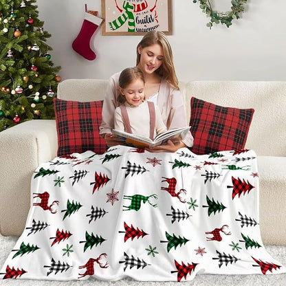 Christmas Tree Deer Flannel Throw Blanket Soft Plush for Couch Sofa Bed Christmas Home Decor 50x60