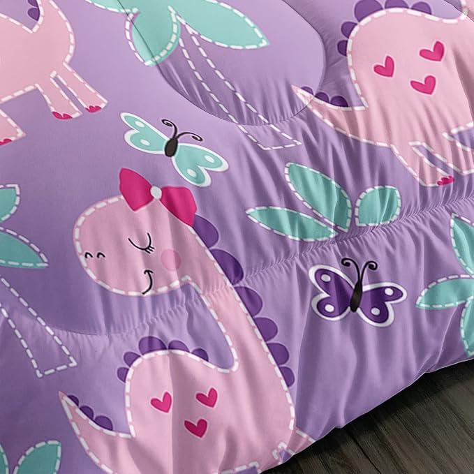 Axolotl Cute Dinosaur Comforter Set Queen Size,Girls Bedding Cartoon Dinosaur Bedding Set for Girls Teens Kids Boys Adults Room Decor,Kids Comforter Set All Season,1 Quilt 2 Pillow Cases,Purple