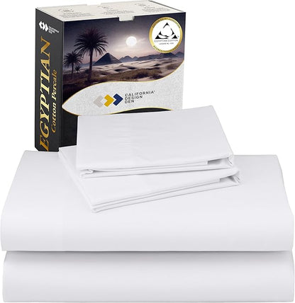 California Design Den Certified 100% Egyptian Cotton Sheets Queen Size Bed Set - Lightweight & Crisp Percale Queen Sheet Set Deep Pocket, Durable Luxury Bedding - White