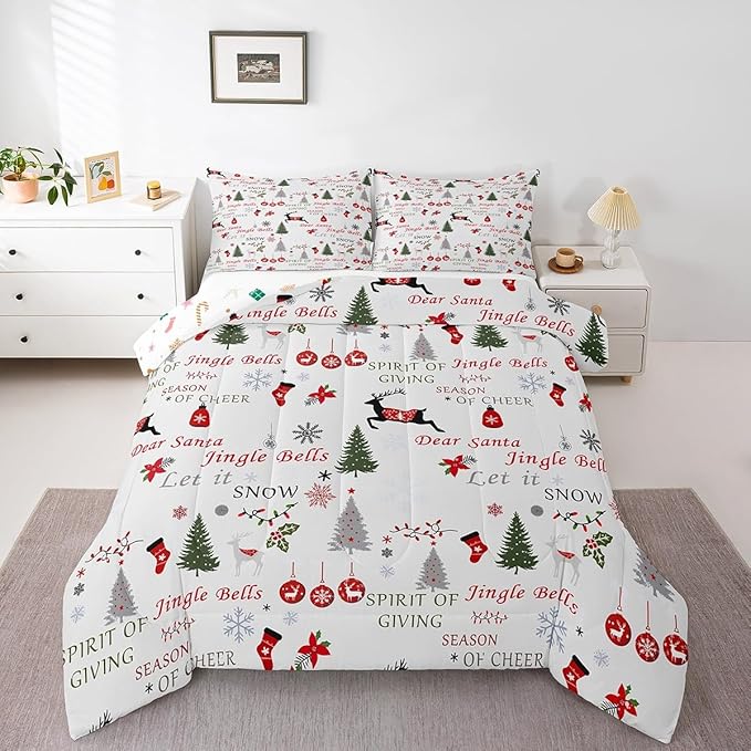 Erosebridal Christmas Comforter Set Queen,Deer Reindeer Elk Bedding Set for Adult,Merry Duvet Insert Bedroom Decor,Xmas Woodland Trees Bells Snowflake Down Comforter with 2 Pillowcases