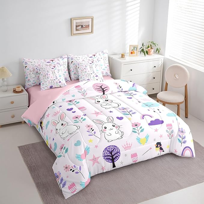 Erosebridal 7 Piece Bed in a Bag Twin Size Comforter Set for Kids Floral Rabbit Bedding Set,Cartoon Zoo Animal Reversible Bed Set,Cute Flower Comforter with Sheet Set,All Season