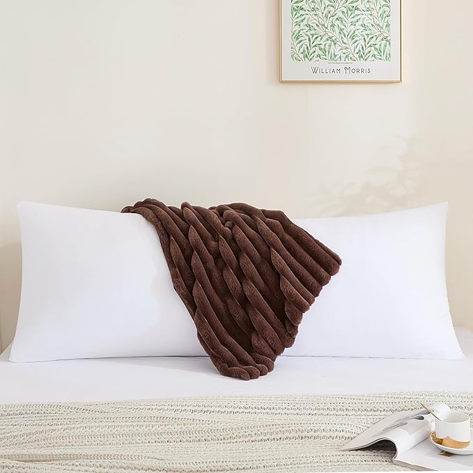 Full Body Pillow with Fluffy Stripe Faux Fur Removable Cover, Long Bed Pillow Adult 20x54 Inches for Side Sleeper and Pregnancy, Coffee.