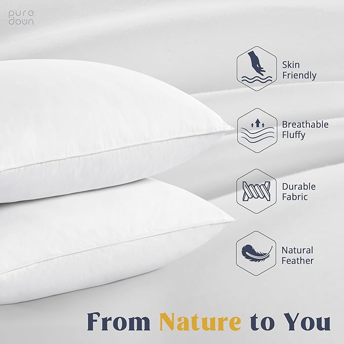 puredown® Goose Feathers and Down White Pillows with 100% Soft Cotton Cover, Bed Sleeping Hotel Collection Pillows Set of 2 Queen Size