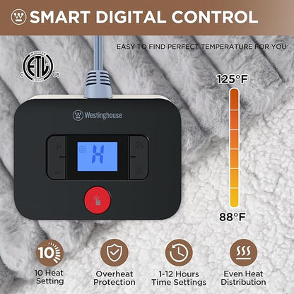 Westinghouse Electric Blanket Twin Size, Super Cozy Luxury Faux Fur & Sherpa Heated Blanket with 10 Heating Levels & 1-12 Hours Auto Off, Fast Heating Blanket, Machine Washable, 62x 84 Inch Light Grey