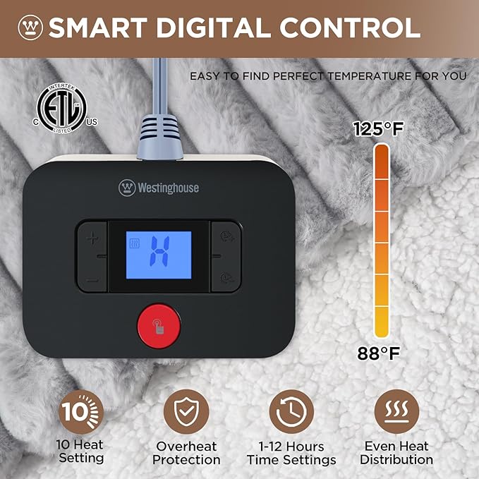 Westinghouse Electric Blanket Full Size, Super Cozy Luxury Faux Fur & Sherpa Heated Blanket with 10 Heating Levels & 1-12 Hours Auto Off, Fast Heating Blanket, Machine Washable, 80x 84 Inch Light Grey