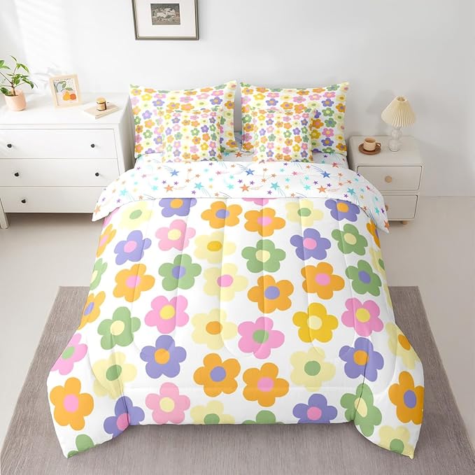 Feelyou Cute Flower 7 Piece Bedding Set Colorful Floral Comforter Set with Sheets for Kids Boys Girls Kawaii Theme Bed in a Bag White Bed Set Soft Lightweight
