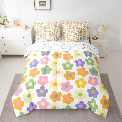 Feelyou Cute Flower 7 Piece Bedding Set Colorful Floral Comforter Set with Sheets for Kids Boys Girls Kawaii Theme Bed in a Bag White Bed Set Soft Lightweight