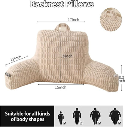 Reading Pillow for Sitting in Bed, Large Backrest Reading Pillow with Arm Rest,Back-Rest Support Cushion for Sit Up on Couch, Sofa, and Floor, Dorm Essentials (Cream Corduroy, Large(19"))