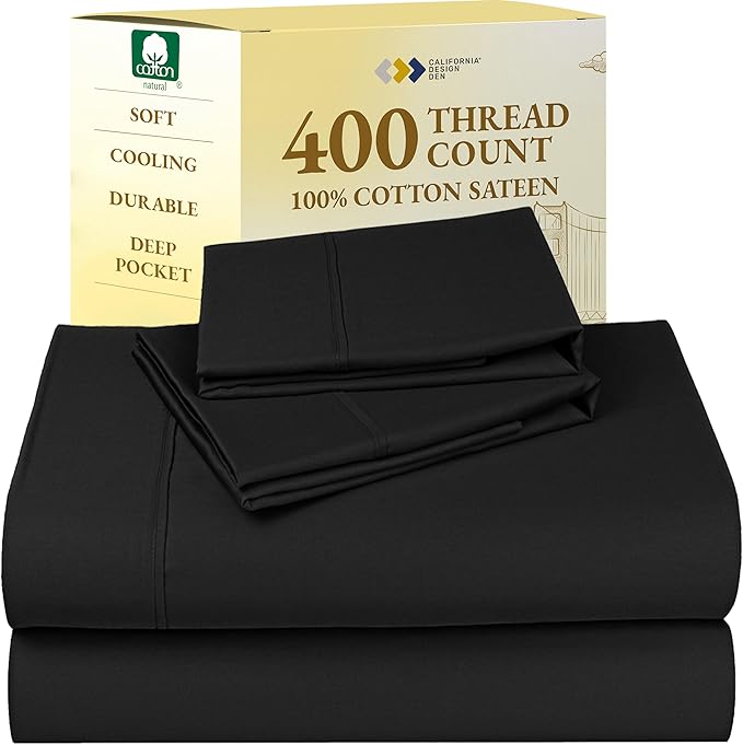 California Design Den Natural 100% Cotton Sheets, Soft Queen Sheet Set, 400 Thread Count Sateen, Deep Pockets with All-Around Elastic for a Snug Fit, Durable Bedding Set - Black
